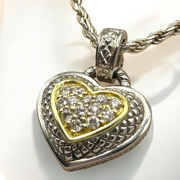 💎 Judith Ripka 925 Silver & 18K Gold Diamond Heart Enhancer Necklace | JR TWO 💎 - Picture 1 of 16
